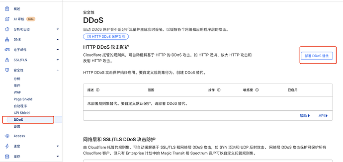 这张截图显示了一个Cloudflare控制面板的DDoS设置界面，其中"DDoS"在左侧导航栏中被选中，右侧显示了DDoS攻击防护的配置选项，并高亮显示了“部署 DDoS 替代” <Button> 按钮。 (由 AI 生成标题)