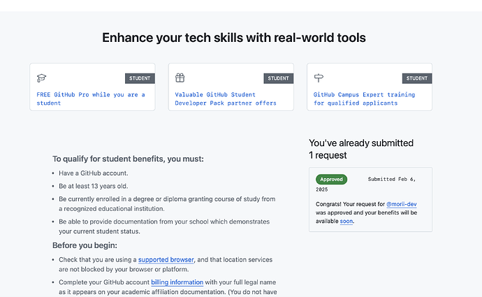 这张图片展示了 GitHub 为学生提供的各种优惠和福利，包括免费的 GitHub Pro 和开发者工具包，以及申请学生优惠的资格要求和已提交申请的状态。 #GitHub #StudentBenefits (由 AI 生成标题)